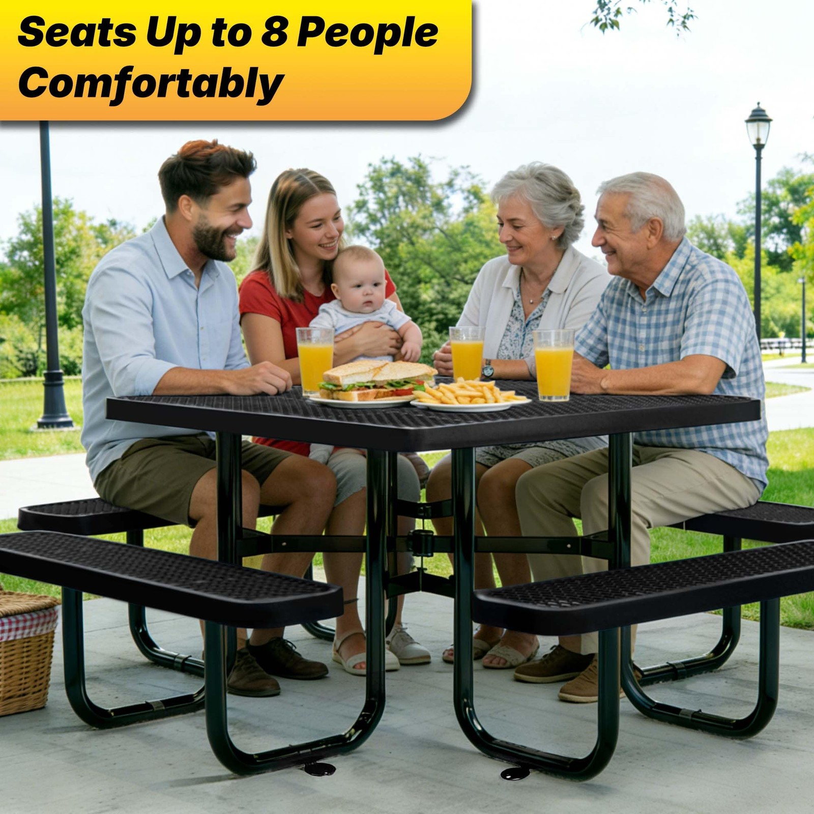 LAUCO Square Picnic Table, Expanded Metal, Black Thermoplastic Coating 1000 lb