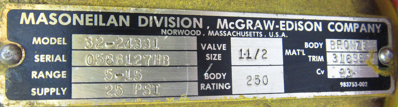 MASONEILAN DIVISION/MCGRAW-EDISON 32-24331 CONTROL VALVE 1-1/2″ 25PSI ***XLNT***