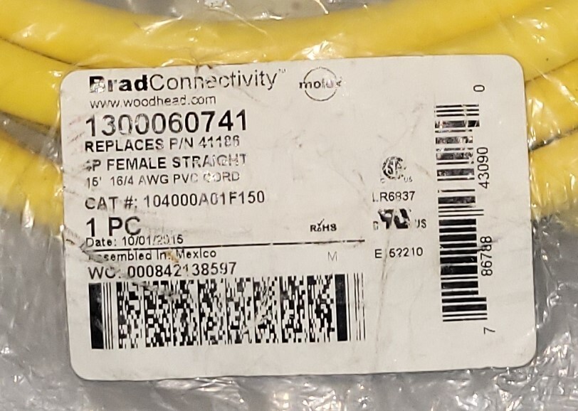 WOODHEAD BRAD CONNECTIVITY 15′ 4P FEMALE CORDSET 1300060741 104000A01F150 (B119)