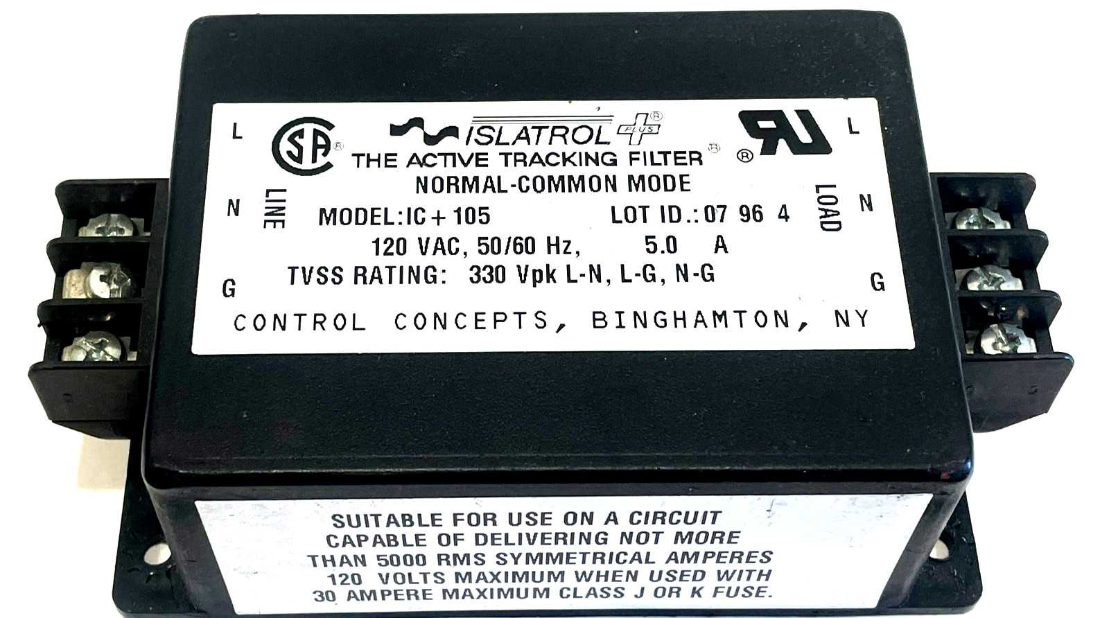 NEW CONTROL CONCEPTS IC+105 ISLATROL TRACKING FILTER 120VAC 50/60HZ 5.0 A IC105