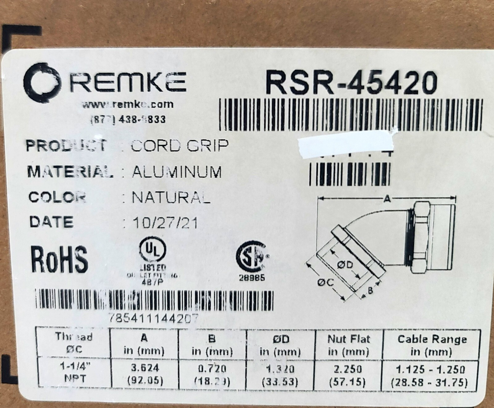 REMKE Aluminum Cord Grip RSR-45420 ~ 45° 1-1/4″ NPT ~ 1.125 -1.25 Cable Range