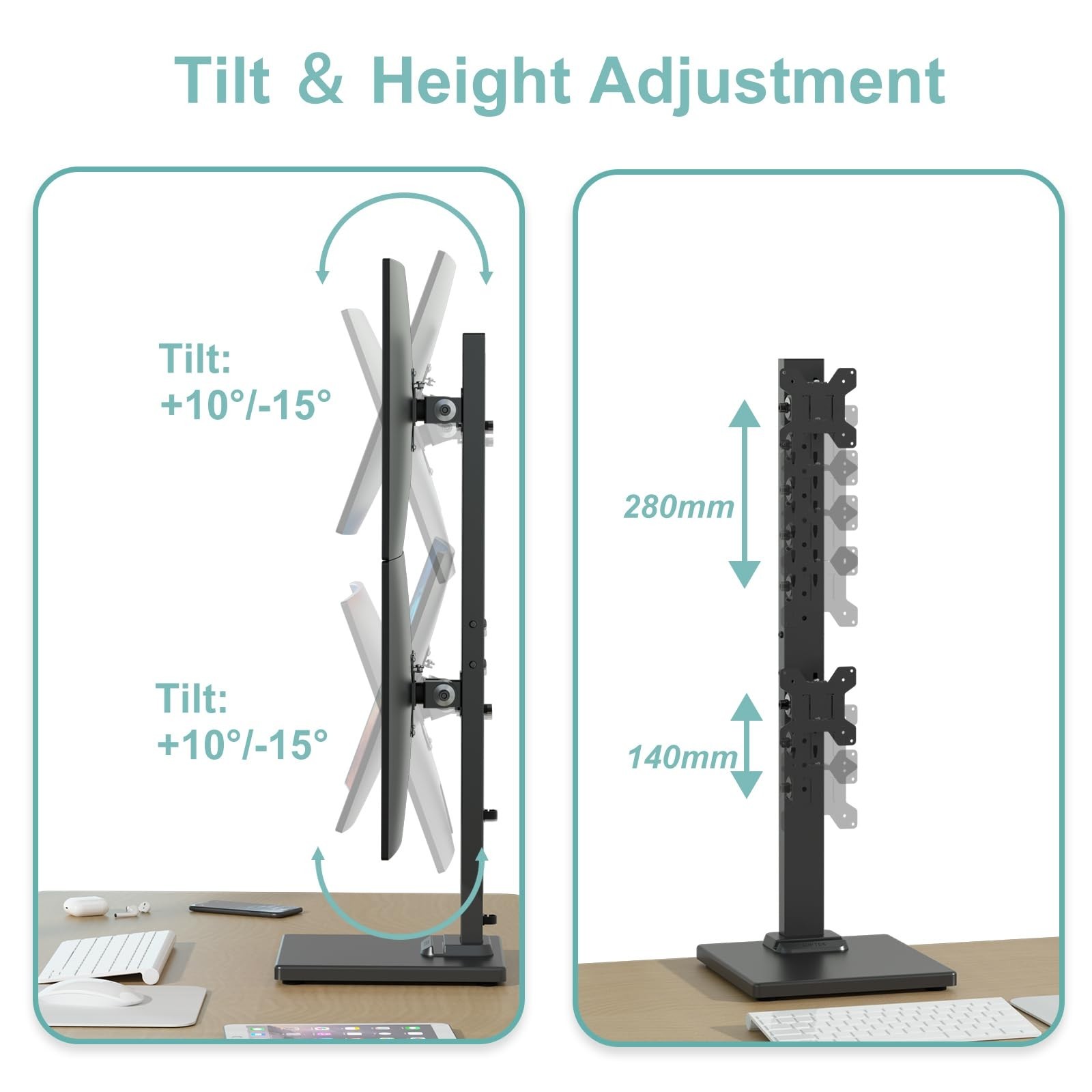 Suptek Dual Monitor Stand with Base Vertical Stack Screen Free-Standing Monit…