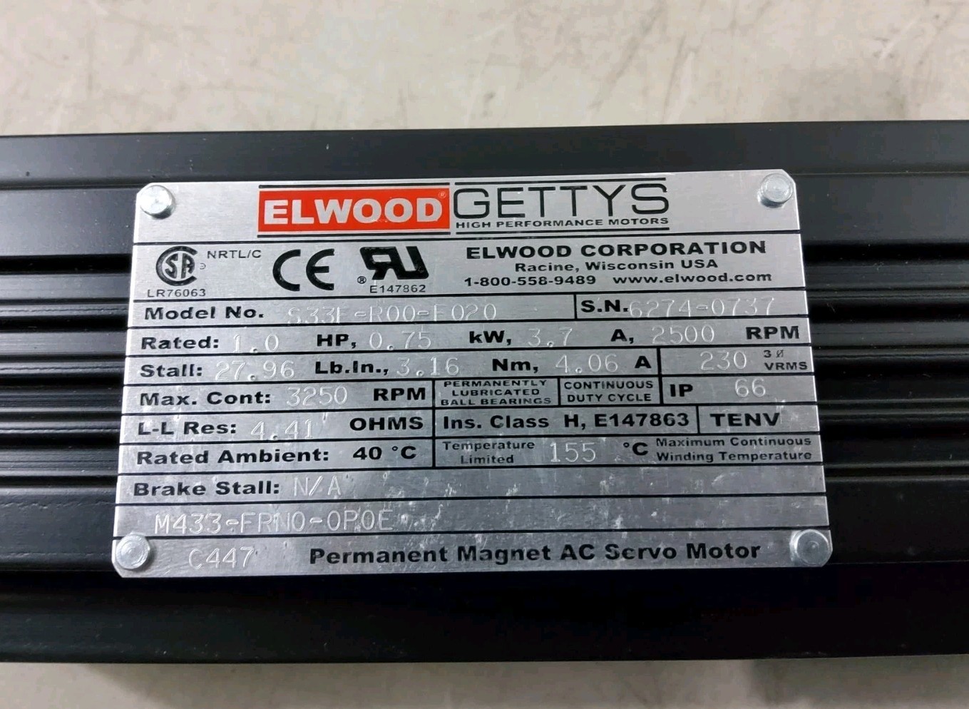 Elwood Gettys S33F-R00-E020 Permanent Magnet AC Servo Motor 1.0 HP 2500 RPM