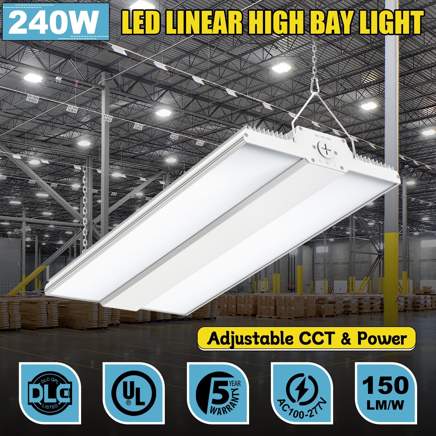 1.6FT 240W LED Linear High Bay light Commercial Warehouse Lamp Adjustable Power