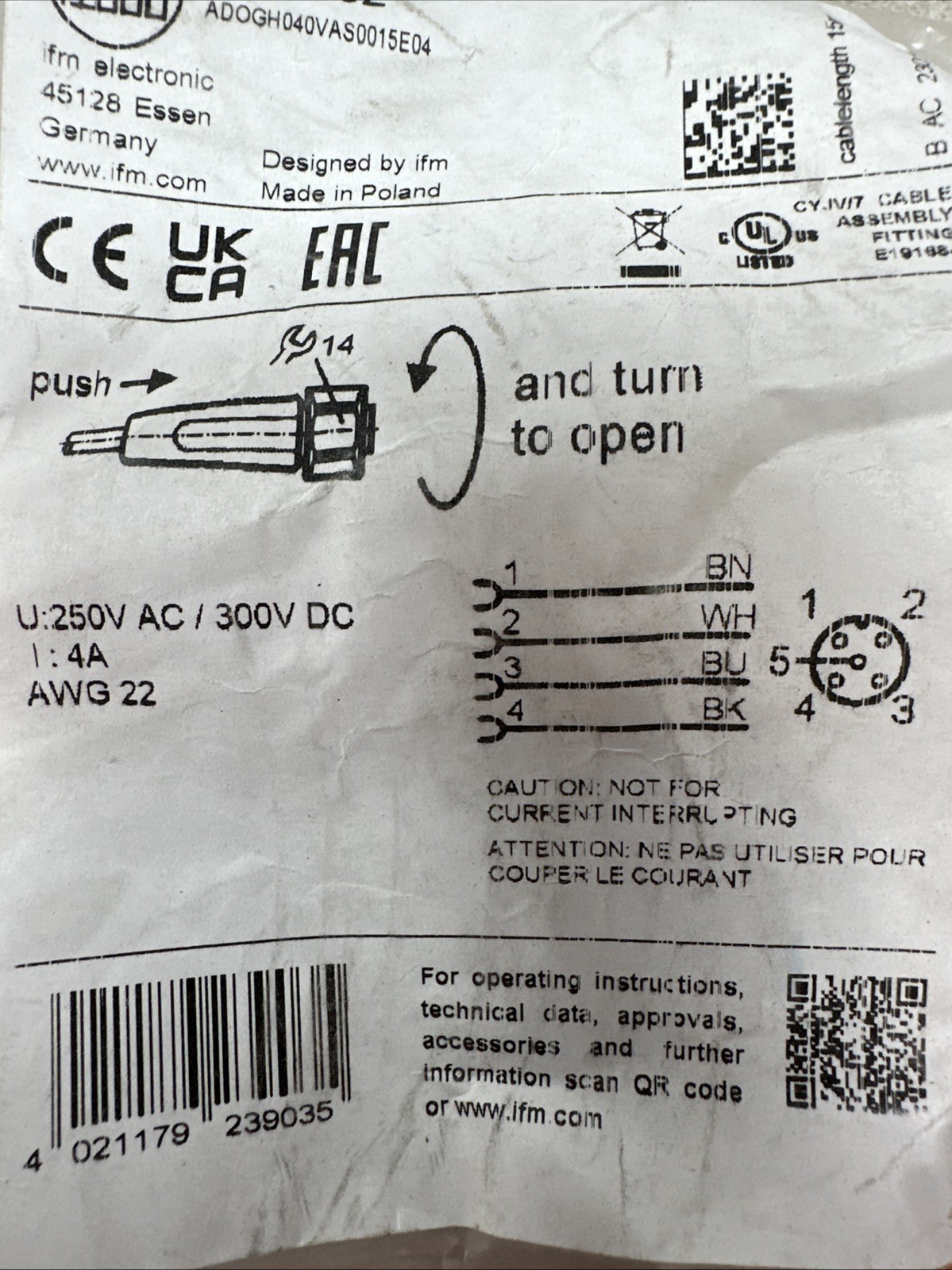 IFM Efector EVT092/ ADOGH040VAS0015E04 Cable STOCK H373A