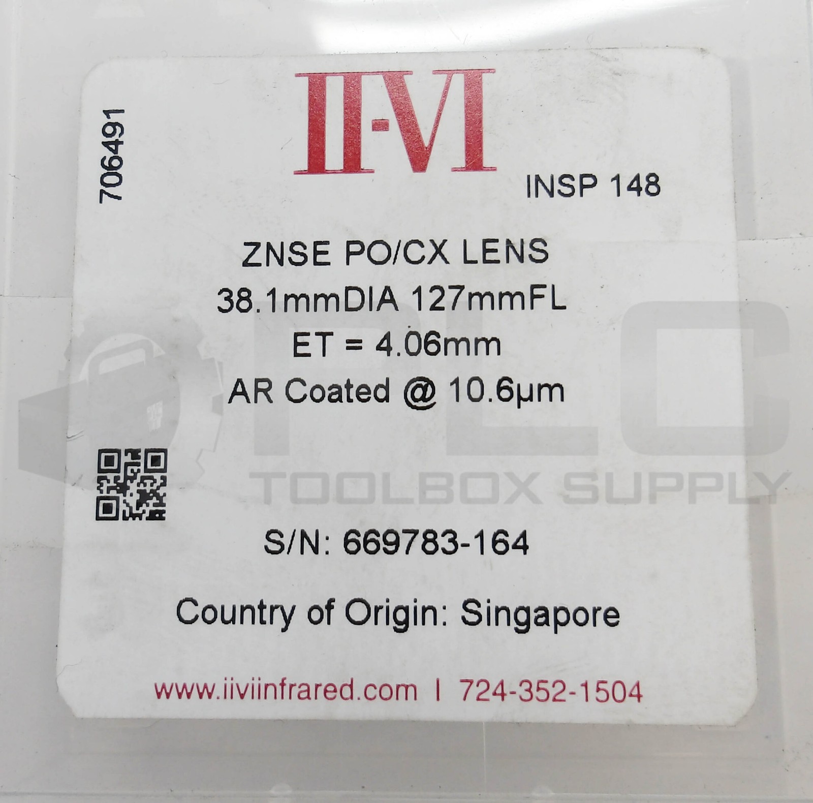NEW II-VI INFARED ZNSE PO/CX LENS 38.1MM DIA 127MM ET=4.06MM 706491