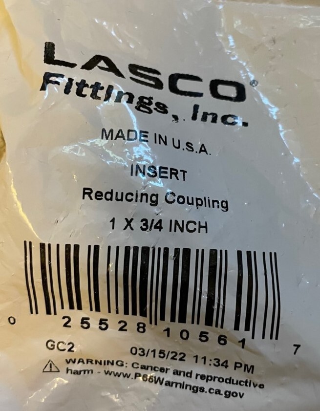 Lasco 1-inch x 3/4-in Schedule 80 PVC Barbed Reducing Insert Coupling – NEW
