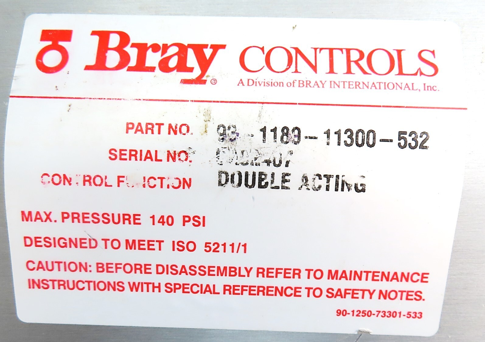 Bray Controls 92-1183-11300-532 Double Acting Pneumatic Actuator NEW NO BOX