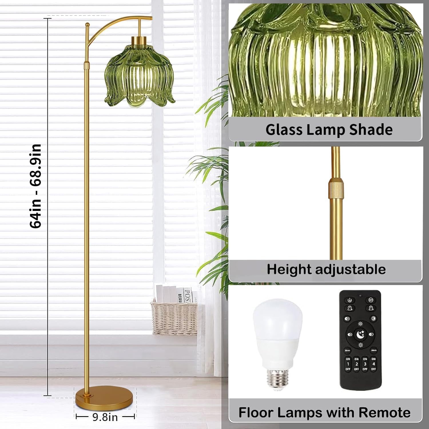 Mid Century Modern Gold Floor Lamp with Remote – Dimmable Brass & Green Glass Ar
