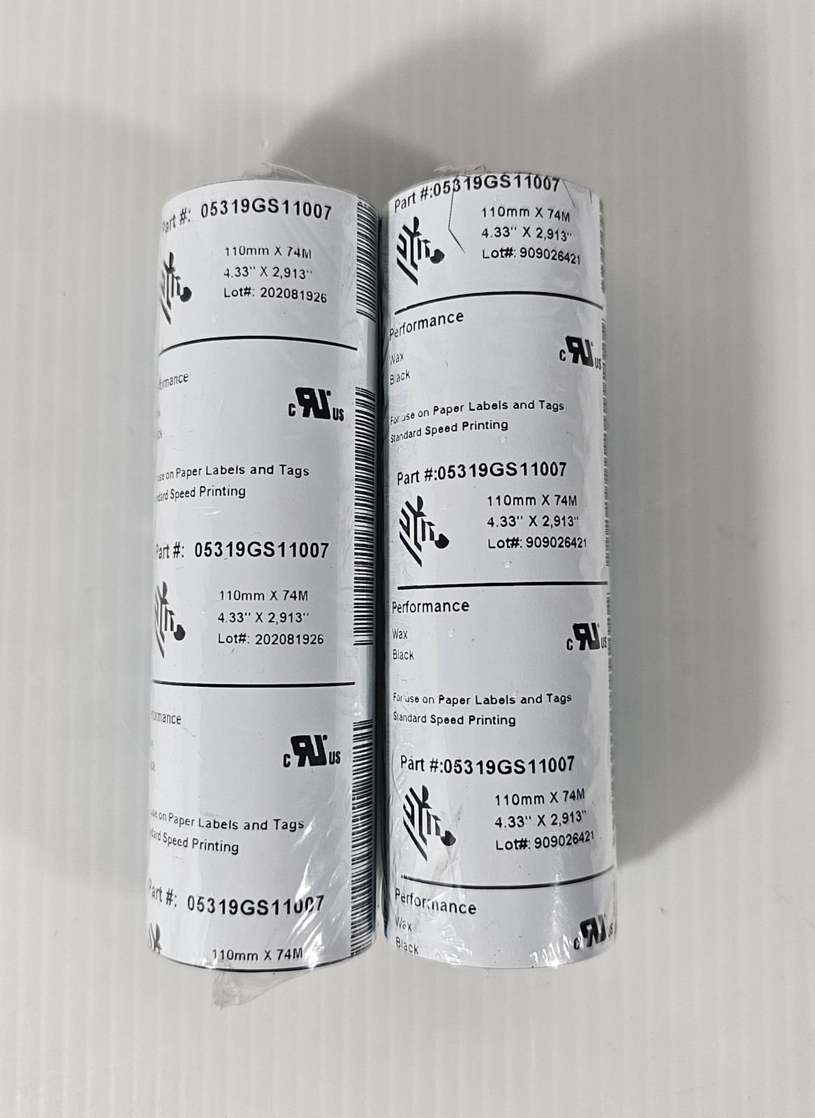 2 Rolls, Genuine Zebra 4.3″ X 2913′ Performance Wax Ribbon Black 05319GS11007