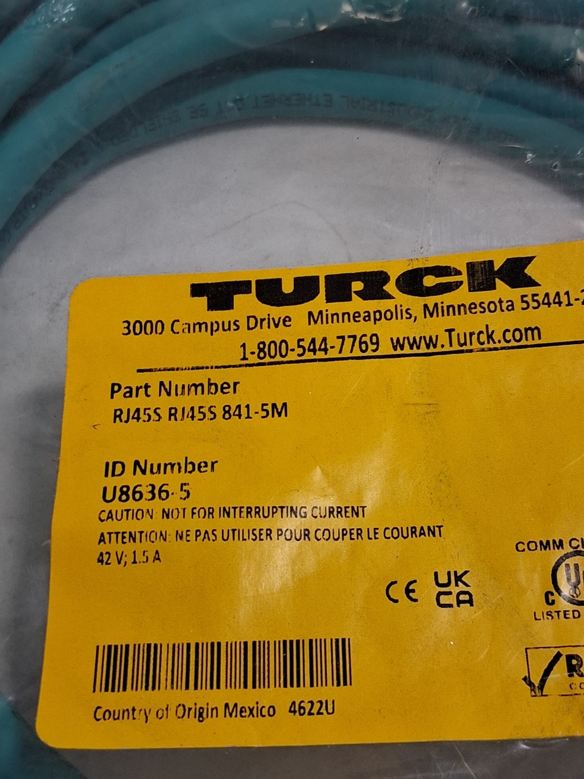 TURCK RJ45S RJ45S 841-5M ETHERNET CABLE MALE 8 PIN SHIELDED (U8636-5) NIB