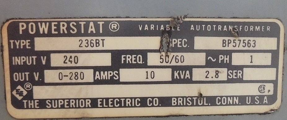 SUPERIOR ELECTRIC POWERSTAT 236BT VARIABLE AUTOTRANSFORMER, 2.8 KVA, USED