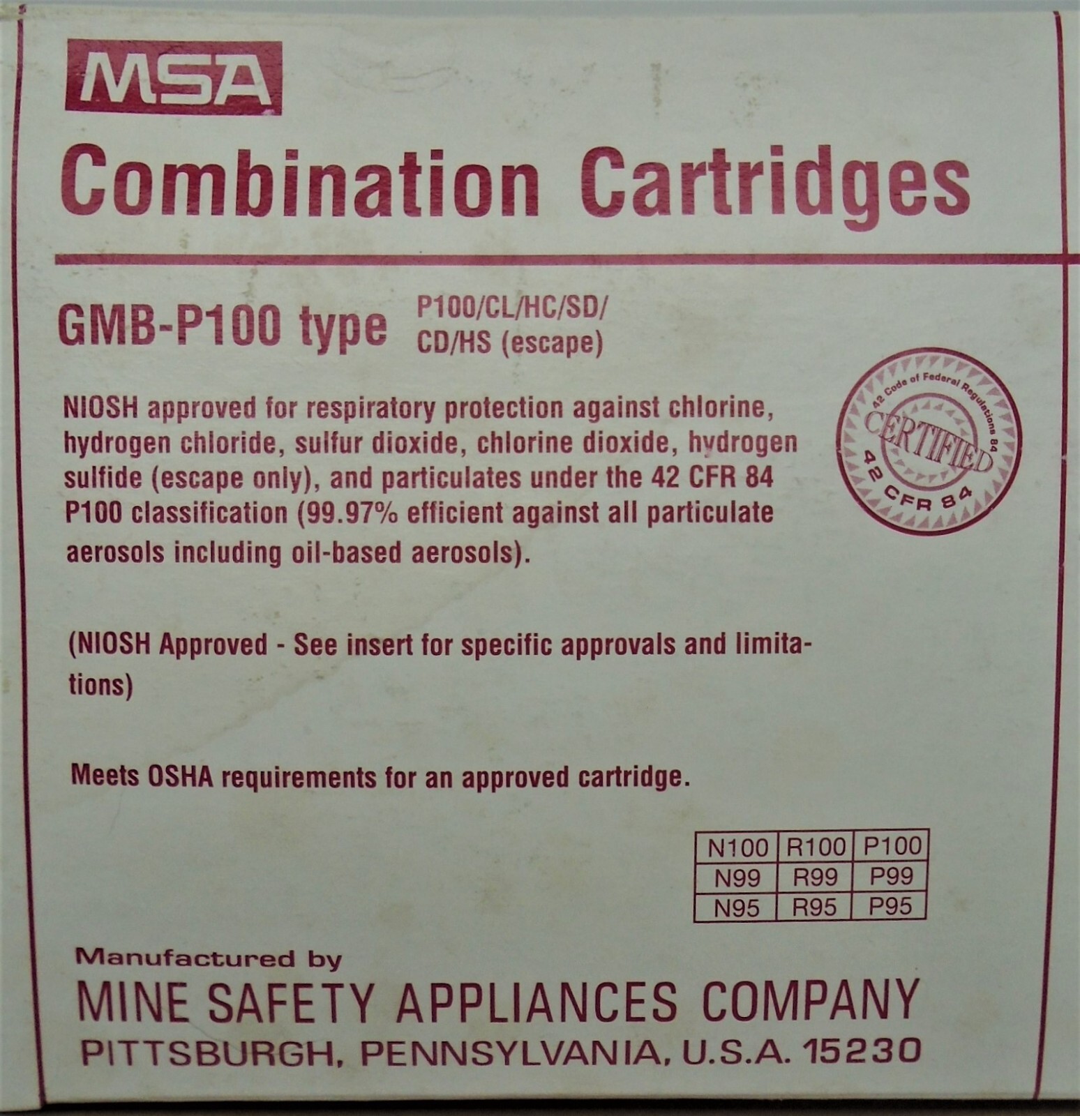 MSA Combination Cartridges GMB-P100 814925 Sealed Lot of 2 Filters T936