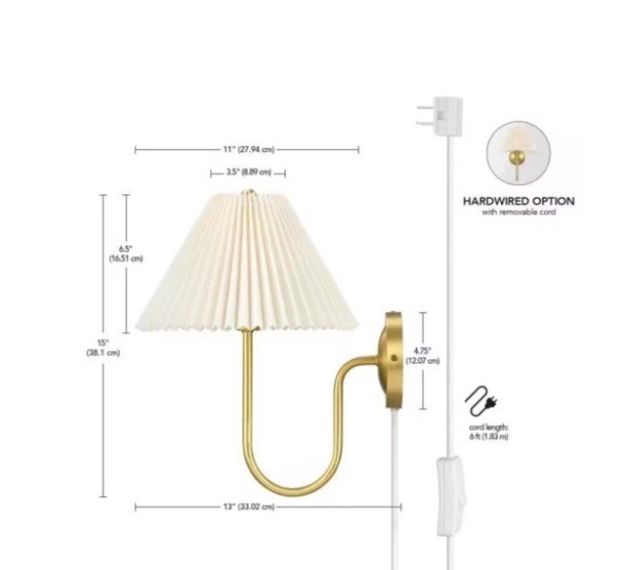 G E Delphine 11 in. 1-Light Matte Brass Plug-In or Hardwire Wall Sconce w/ Shade