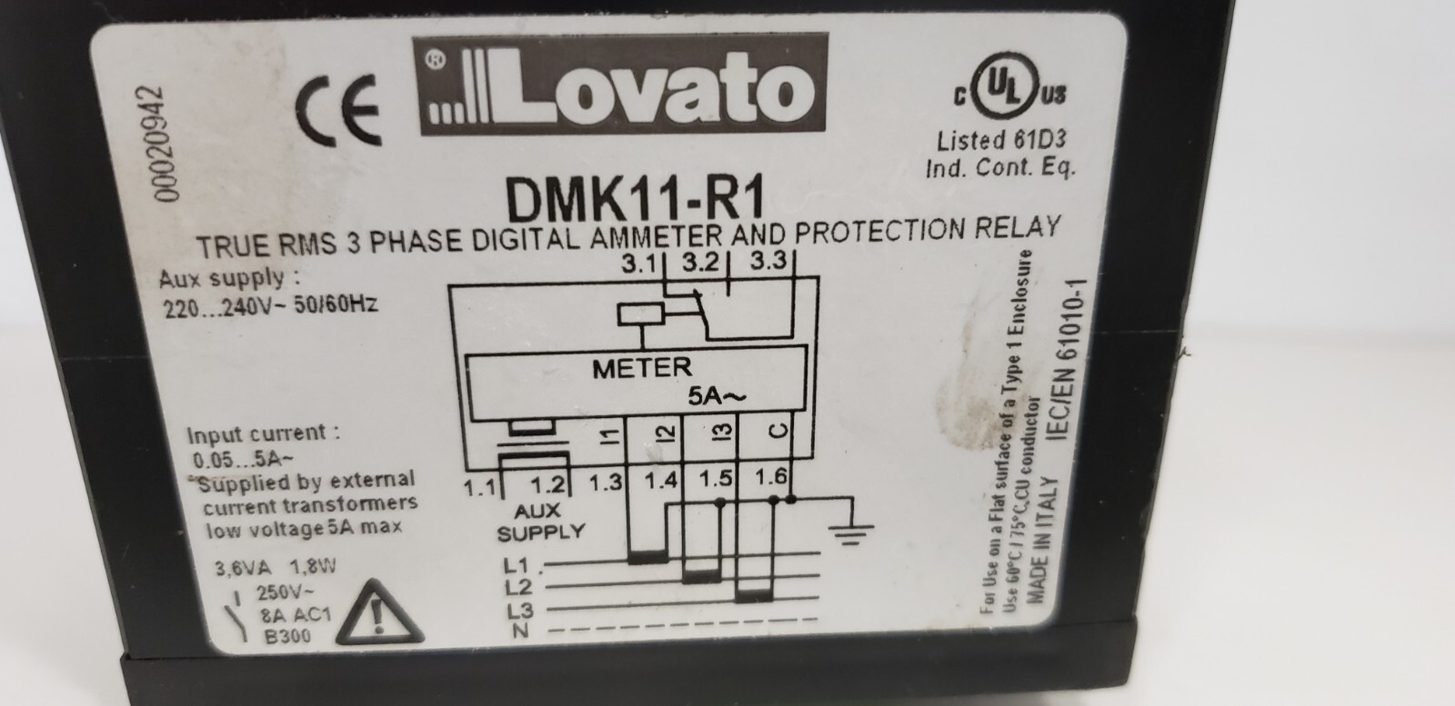 LOVATO DMK11-R1 DIGITAL AMMETER AND PROTECTION RELAY, 3PH, 220-240V 50/60Hz