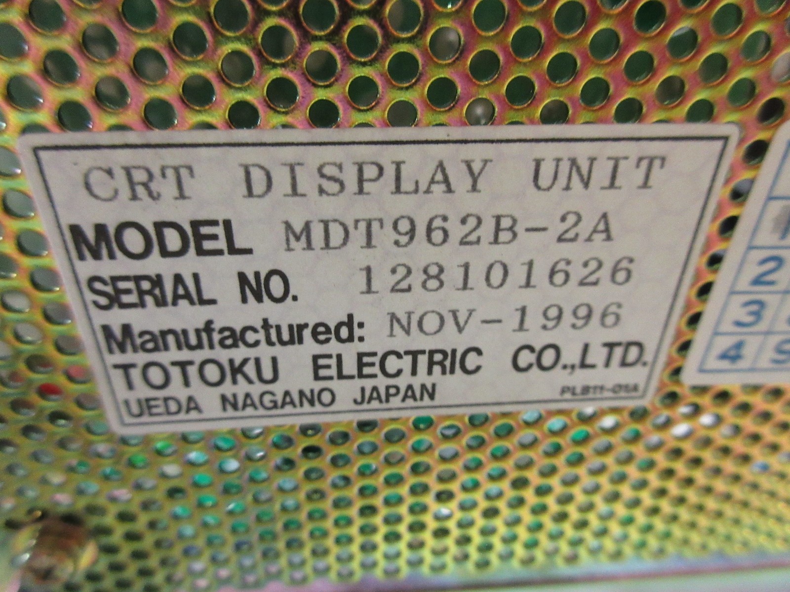 TOTOKU CRT DISPLAY MONITOR MODEL MDT962B-2A CNC BROTHER HS-3600 EDM WARRANTY