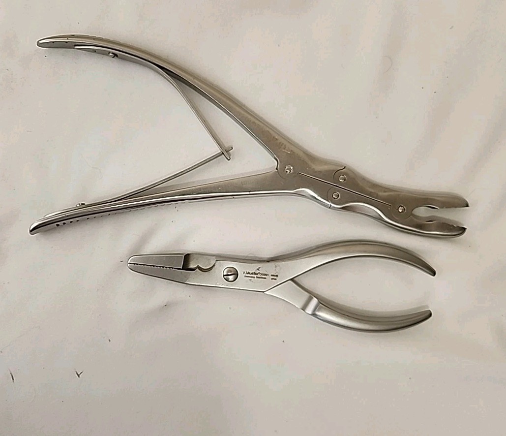 V Mueller XWDC Ruskin Rongeur Forceps Curved & OS901 Needle Nose Pliers Set 2