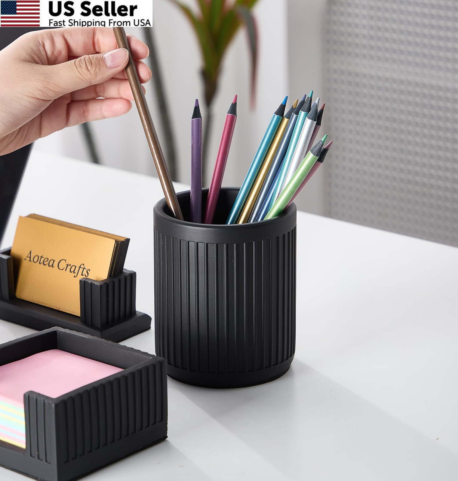 Set of 4 – Concrete Desk Accessories For Modern, Industrial, Charcoal Black