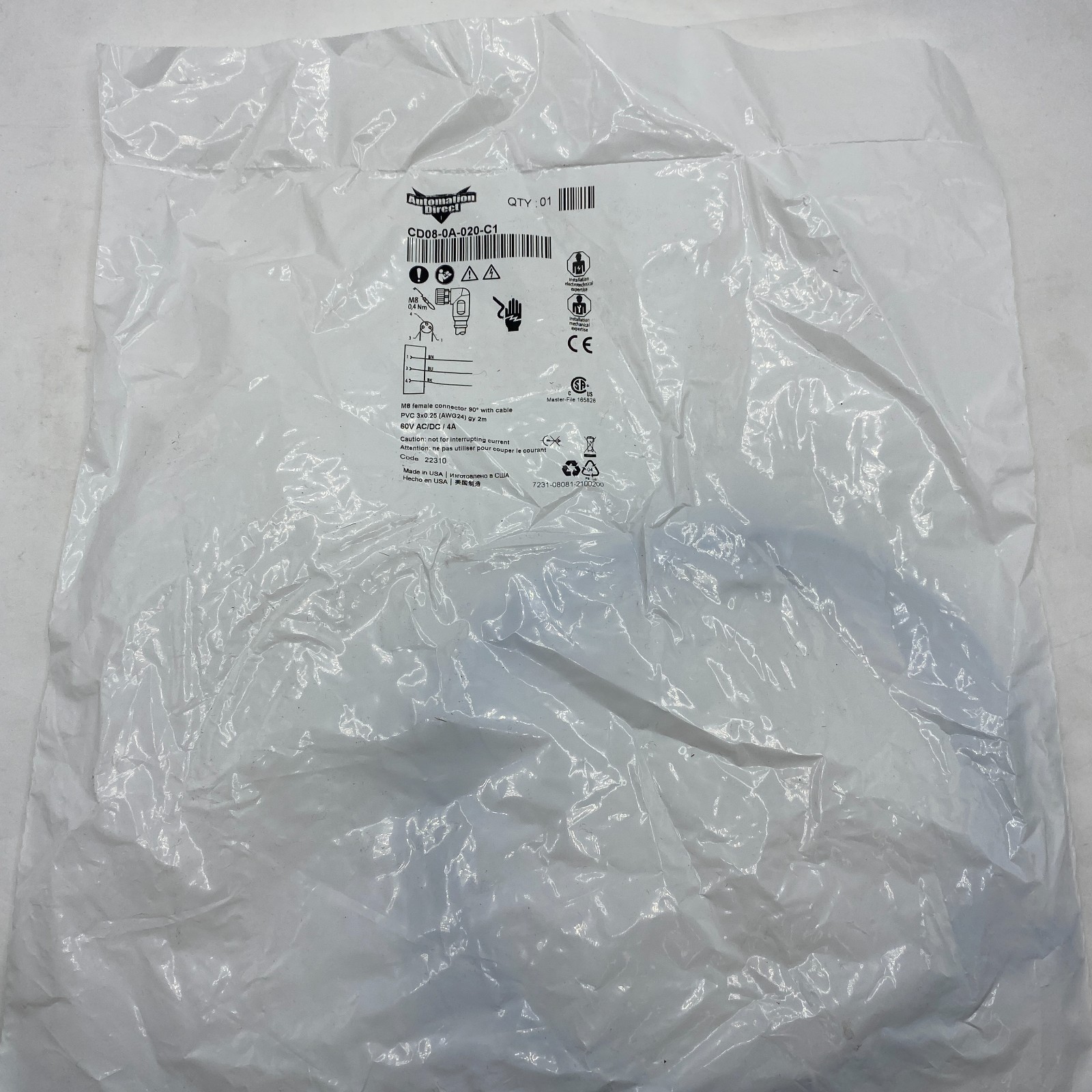 Automation Direct CD08-0A-020-C1 Cable,Female Connector 90 With Cable PVC 3X0.25