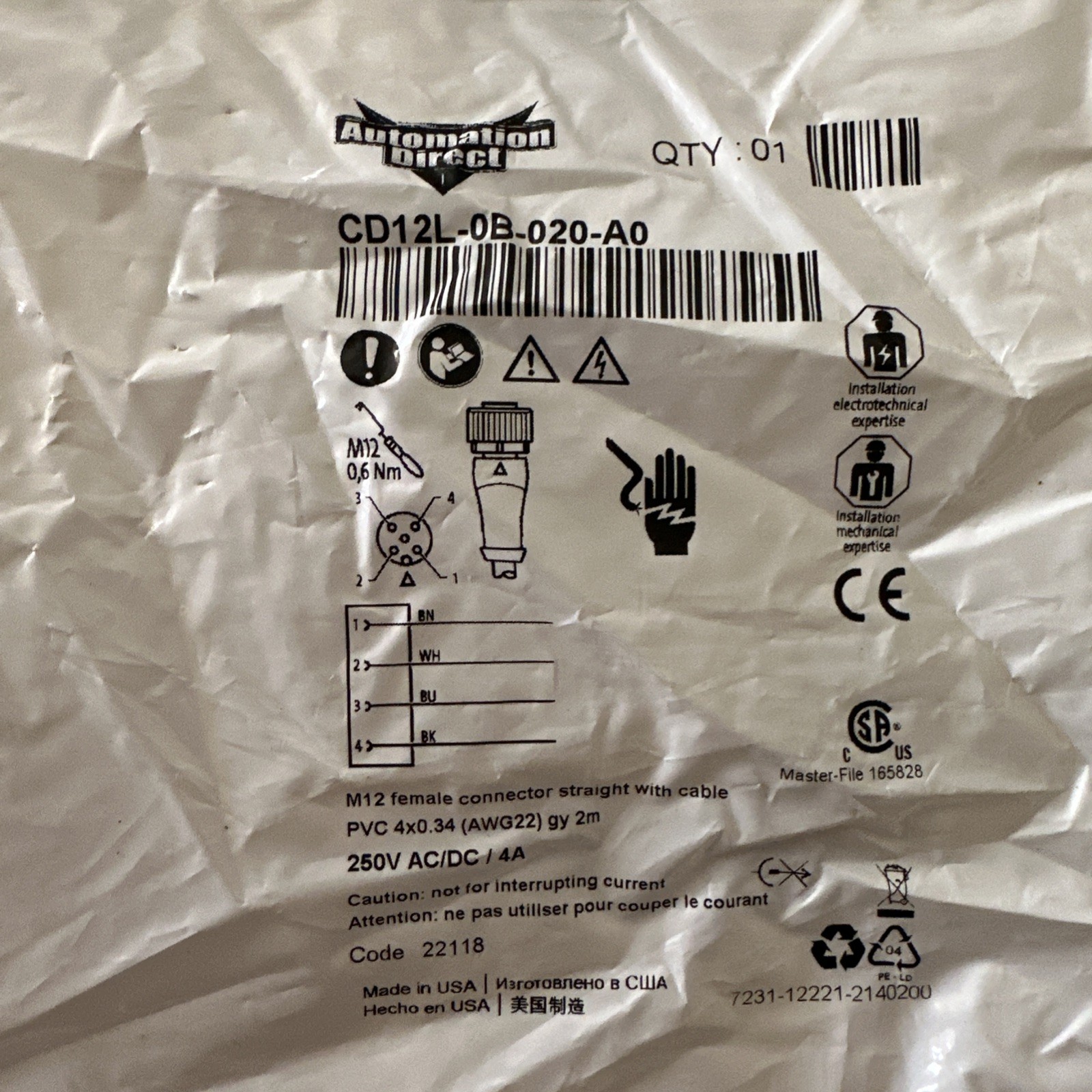 AUTOMATION DIRECT CD12L-0B-020-A0 Connection Cable NEW + FAST SHIPPING