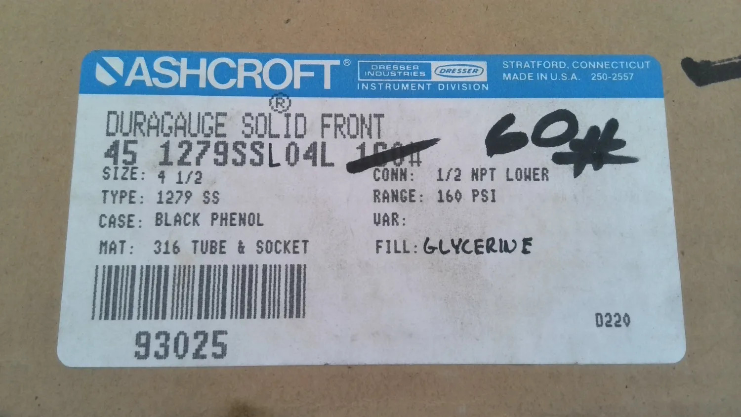 ASHCROFT 45 1279SS L04L 160 PSI 4.5IN PRESSURE GAUGE