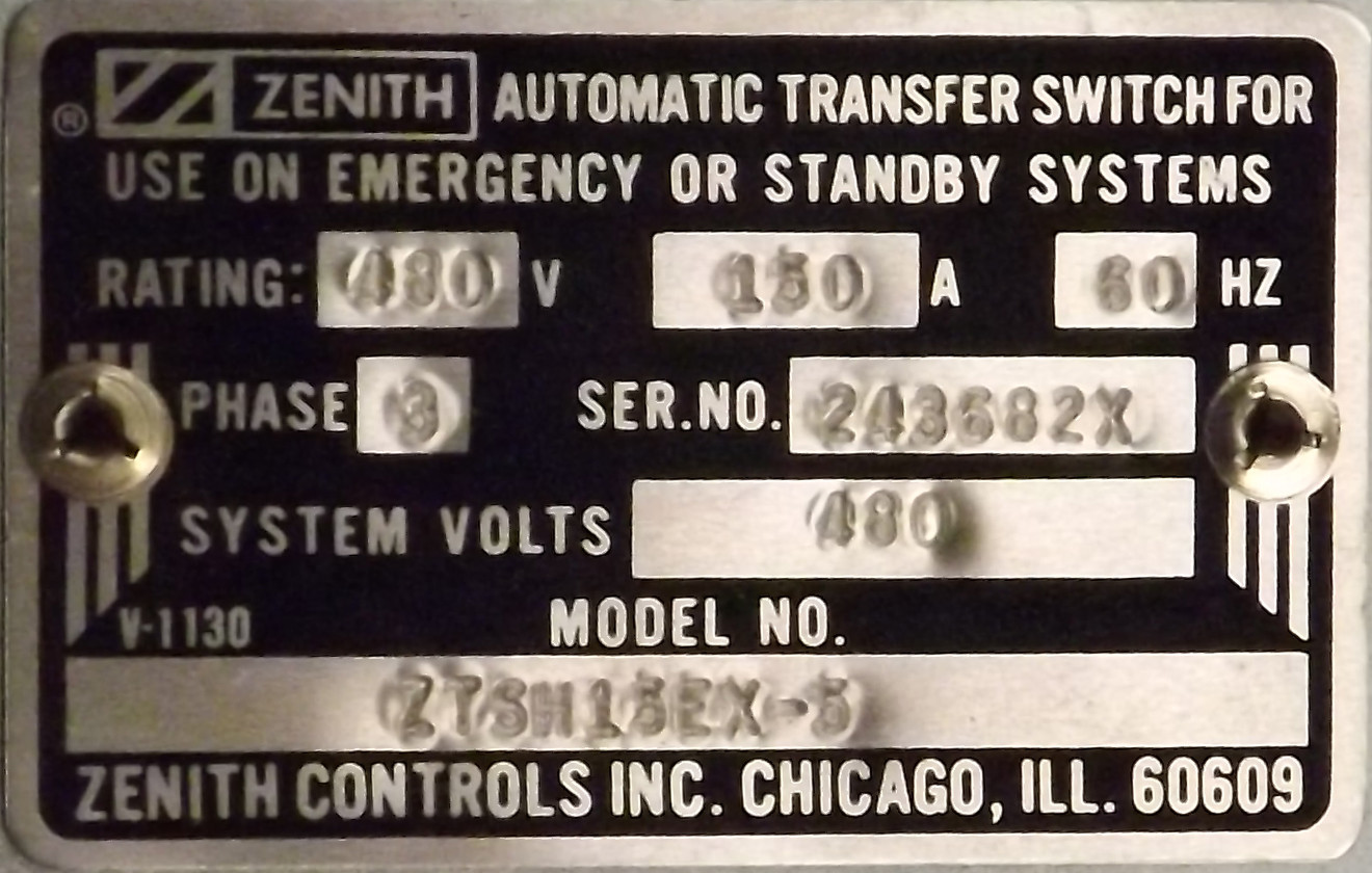1 USED ZENITH ZTSH15EX-5 150 AMP AUTOMATIC TRANSFER SWITCH ***MAKE OFFER***