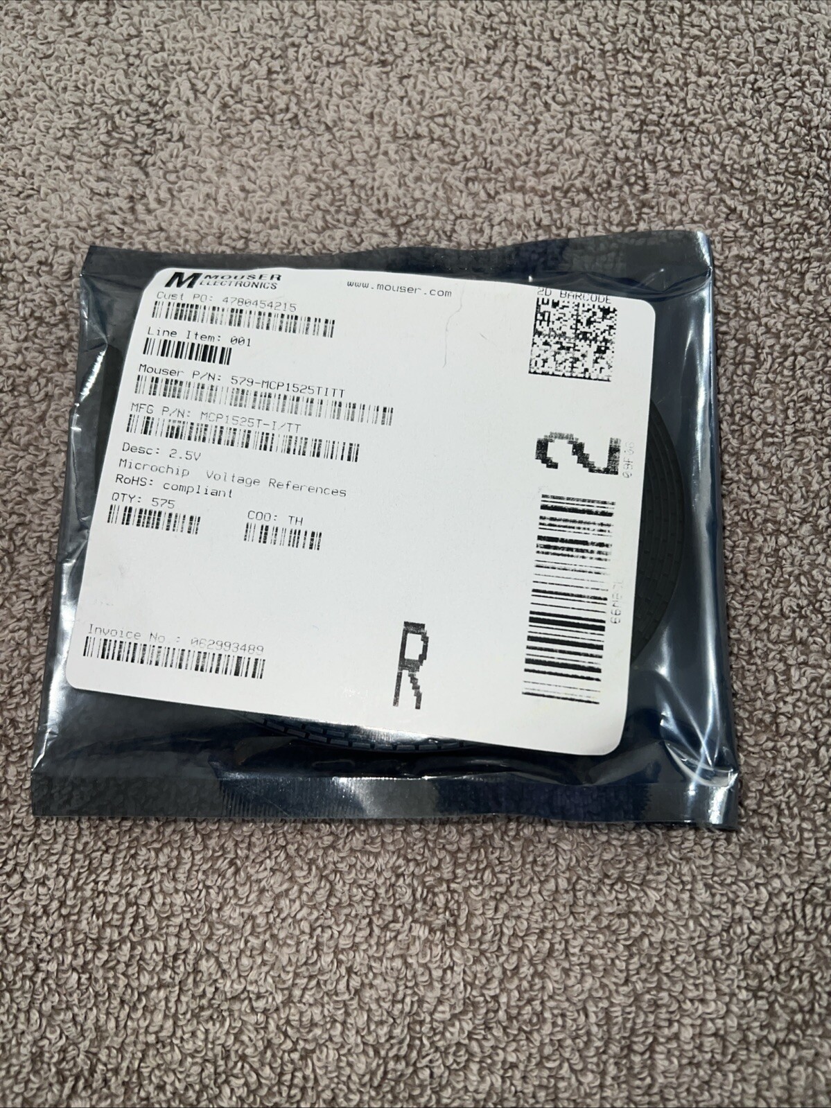 Mouser Microchip Technology 579-MCP1525TITT Voltage References 2.5V QTY 575