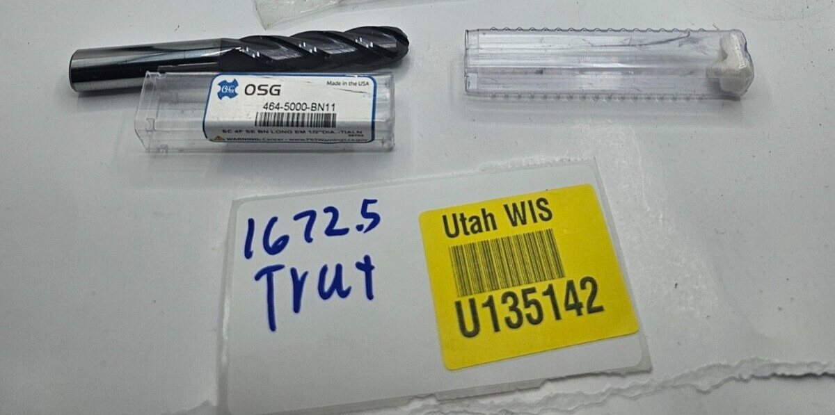 OSG 1/2″ Diam, 2″ LOC, 4 Flute Solid Carbide Ball End Mill 464-5000-BN11