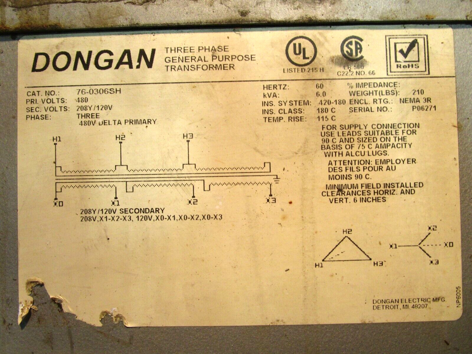 Dongan 76-0306SH Three Phase General Purpose Transformer 6.0kVA 50733HM