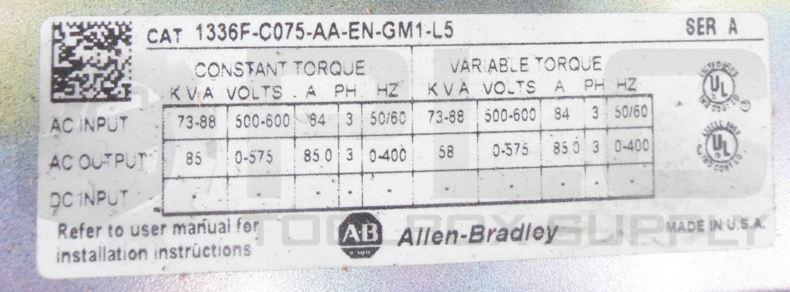 ALLEN BRADLEY 1336F-C075-AA-EN-GM1-L5 /A DRIVE 3PH 50/60HZ 500-600V