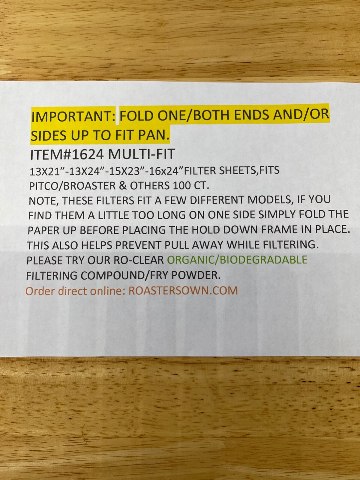FITS Broaster 818 and 1800 / PITCO Filter Paper – 16″ x 24″ MULTI-FIT 100 CT.