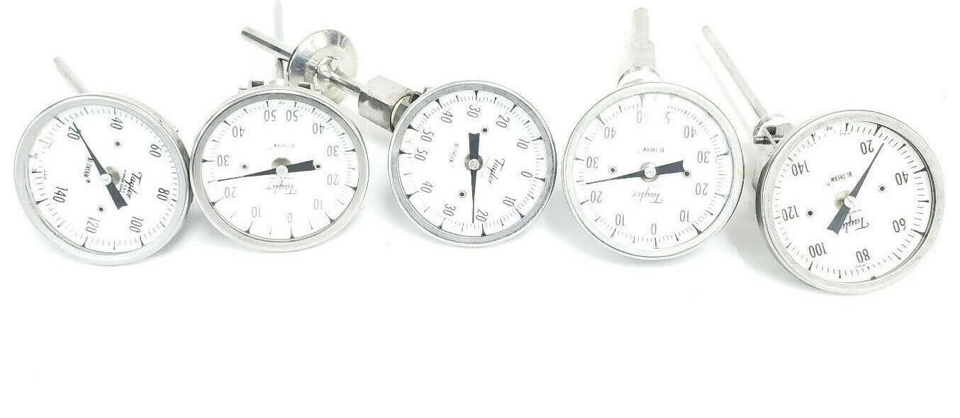 LOT OF 5 TAYLOR BI-THERM THERMOMETERS -50-50DEG C & 20-120DEG C, VARIOUS LENGTHS