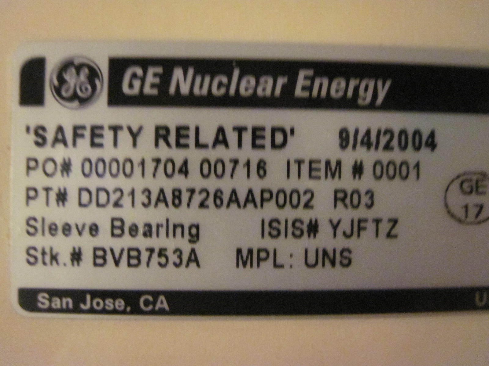 NEW GE GENERAL ELECTRIC NUCLEAR ENERGY SAFETY RELATED SLEEVE BEARING BVB753A