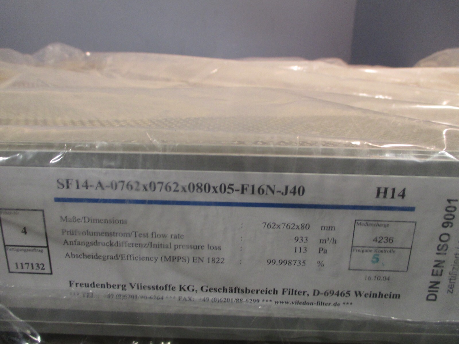 Freudenberg 53306067 HEPA/ULPA Filter SF14-A-0762X0762X080X05-F16N-J40