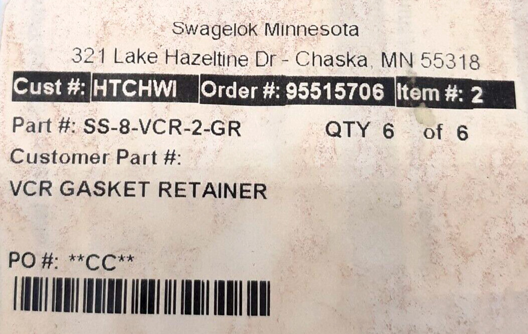 Swagelok SS-8-VCR-2-GR Gasket Retainer – Lot of 6