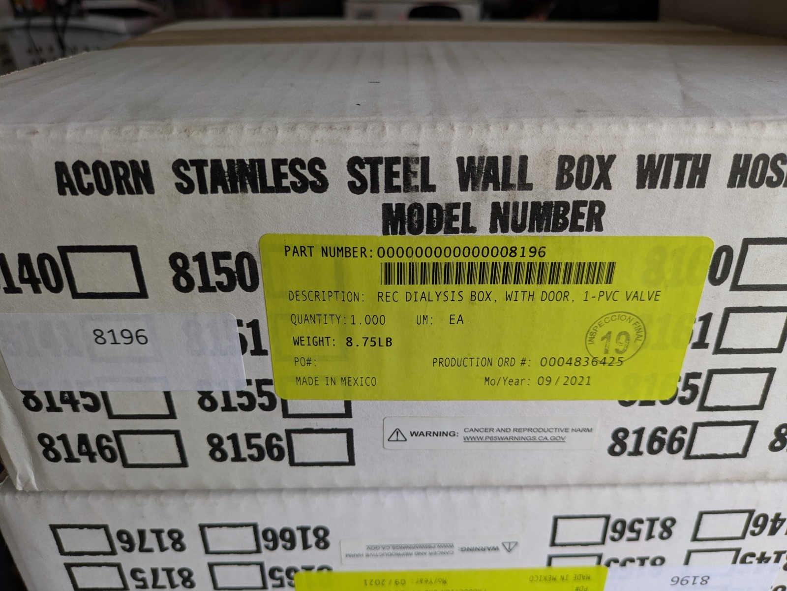 Acorn Engineering 8196 Series Single Valve Recessed Dialysis Supply & Waste Box
