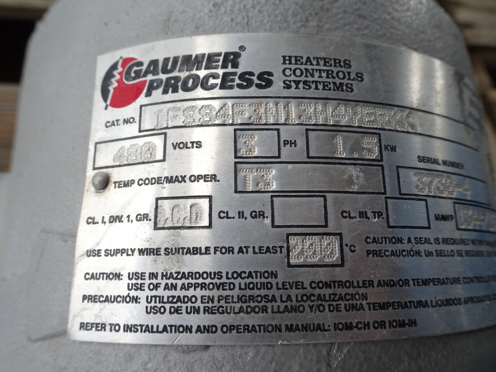 GAUMER PROCESS immersion HEATER 480 VAC 3 PHASE 1.5 KW STAINLESS 1344psi high