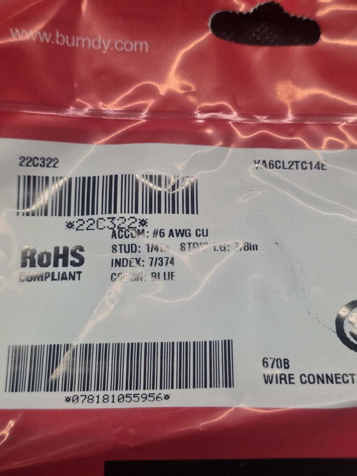 2 Burndy 22C322 YA6CL2TC14E #6 AWG CU 7/374 1/4in 7/8in Blue