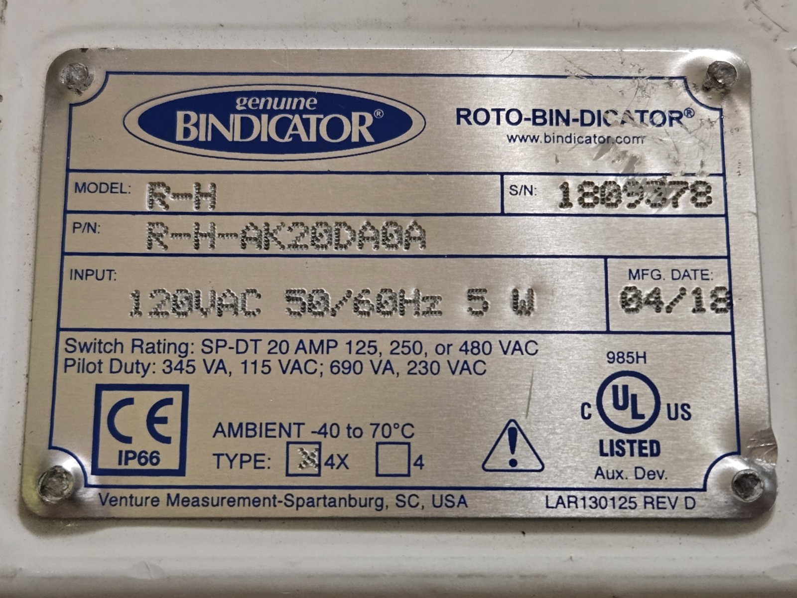 Bindicator R-H Roto-Bin-Dicator Rotary Paddle Level Switch 120VAC NEMA 4X
