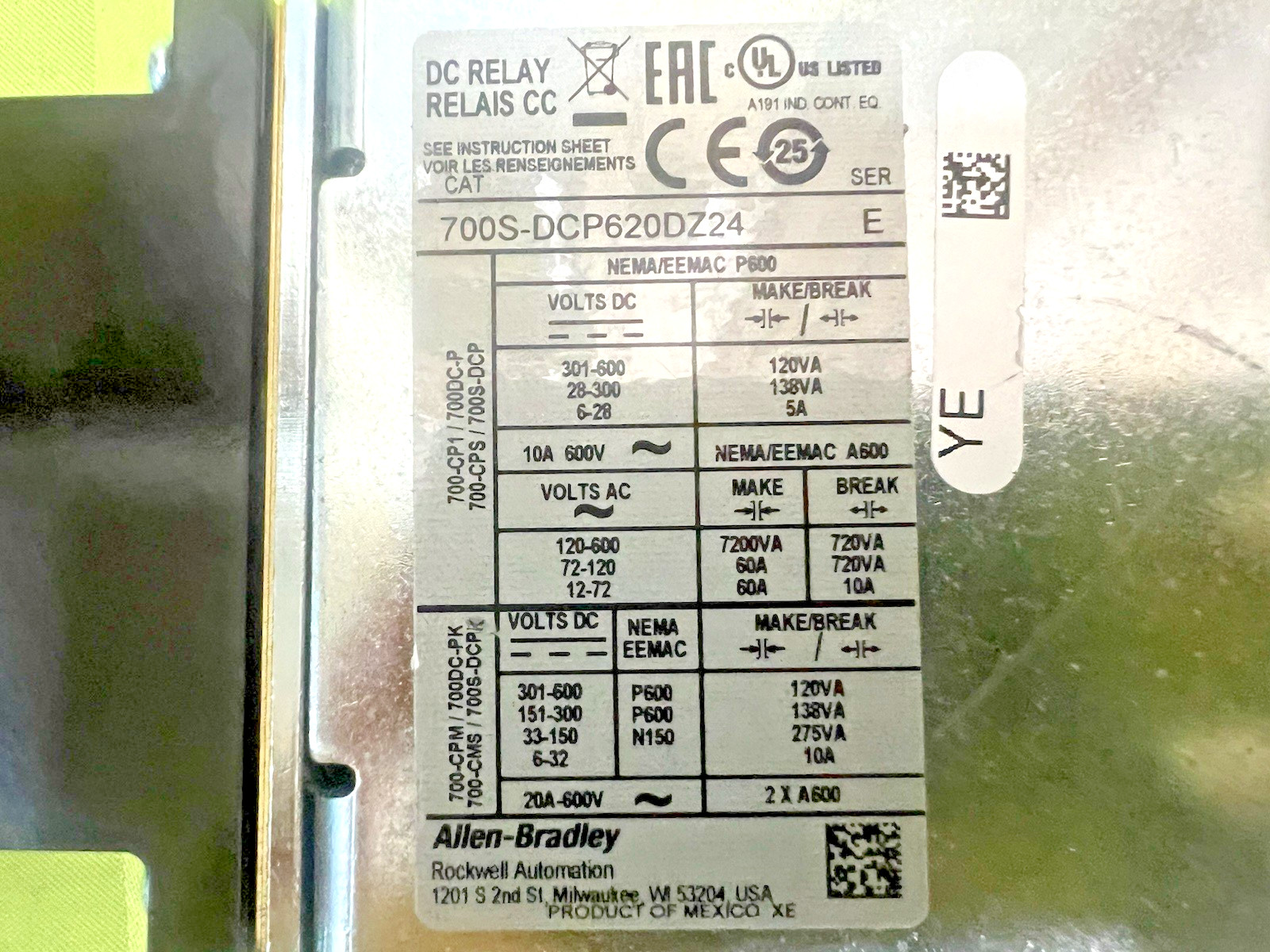 ALLEN BRADLEY 700S-DCP620DZ24 SAFETY CONTROL RELAY 600V DC COIL 8 POLE SER E NIB