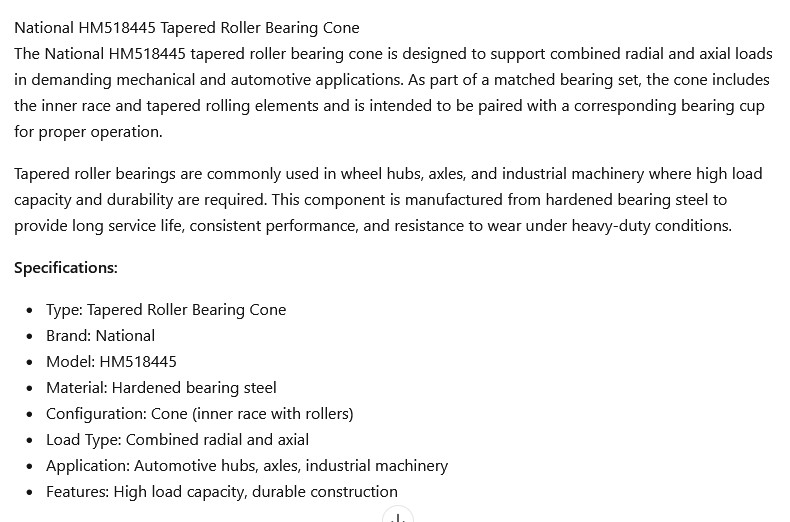1 NEW NATIONAL HM518445 TAPER ROLLER BEARING CONE NIB/NNB ***MAKE OFFER***