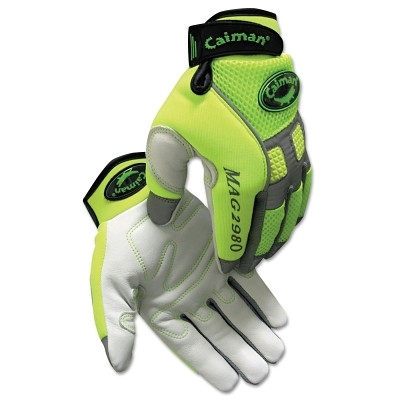 Caiman Hi-Vis Reflective Goat Grain Mechanics Gloves, X-Large, Lime Green/White