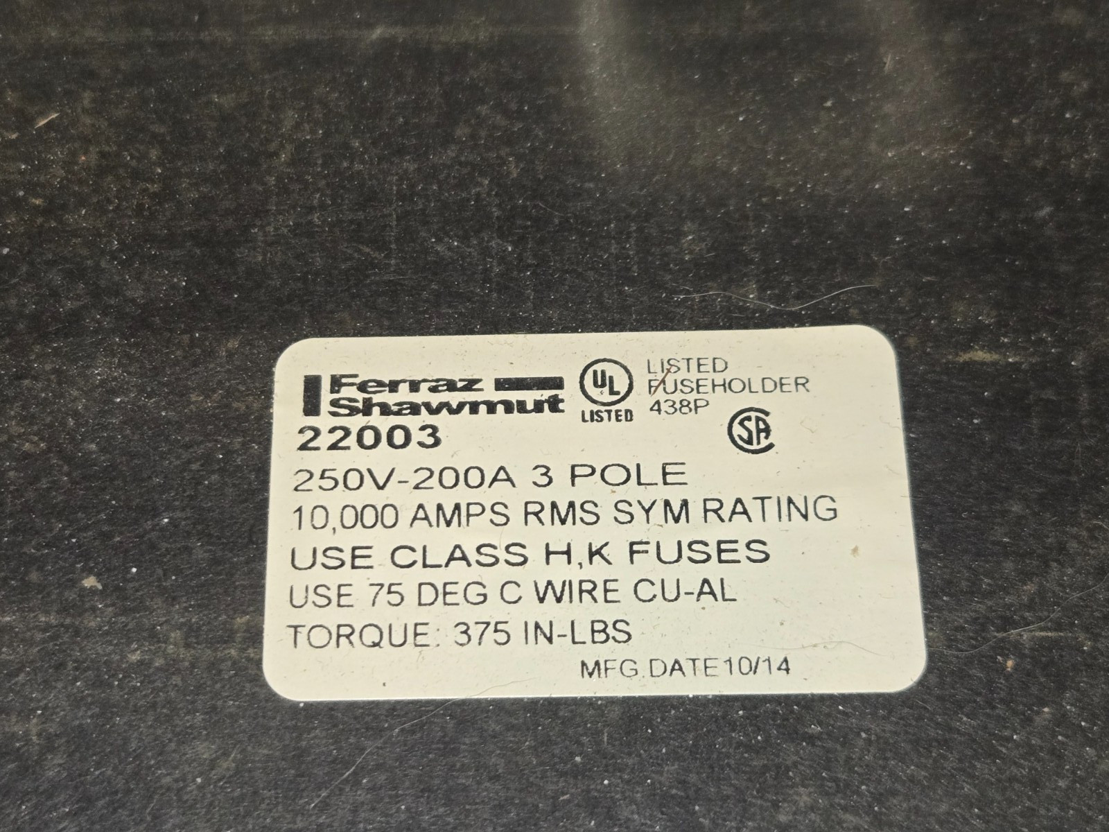Ferraz Shawmut Mersen 22003 3-Pole Fuse Block 250V 200A NOS