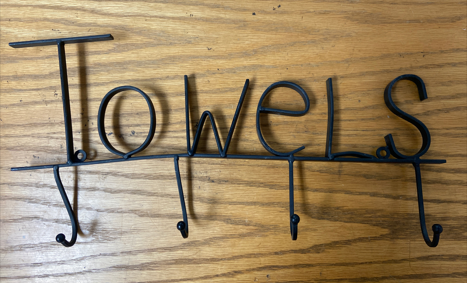 Black Metal Towel Hooks – Word Towels in Modern Lettering – 15″x12″x3″ – 4 Hooks