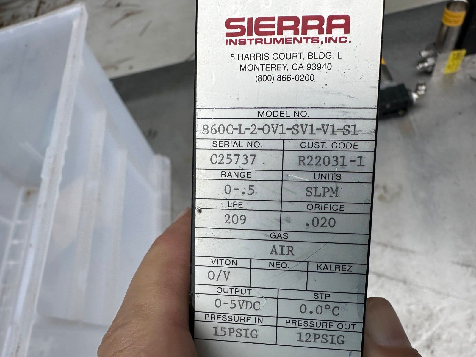 Sierra Auto Trak Mass Flow Meter 0-5VDC P/N 860C-L-2-0V1-SV1-V1-S1