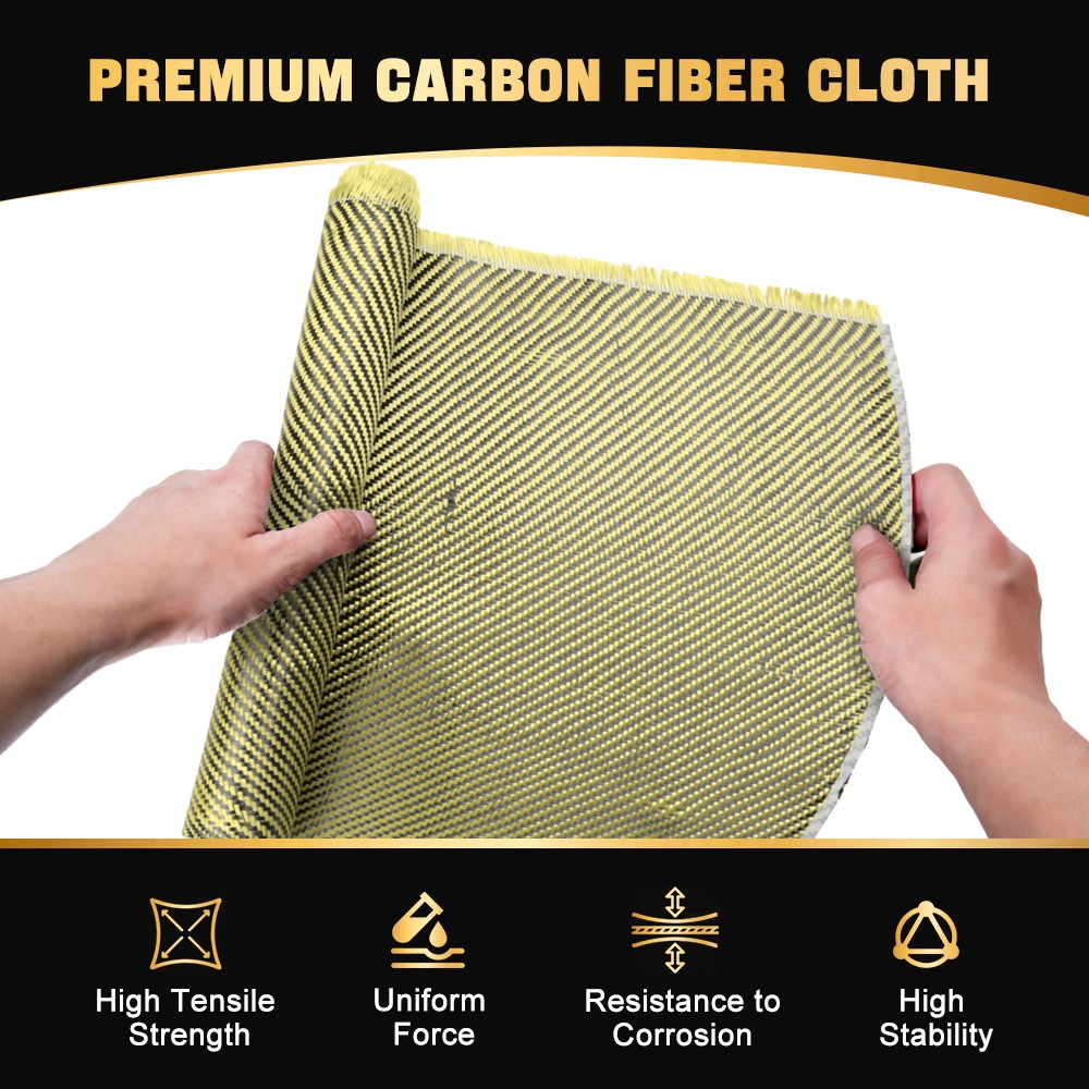 12″ x 5FT Twill Weave Black Yellow Carbon Fiber Fabric Cloth (3K, 9oz, 12″x59″)