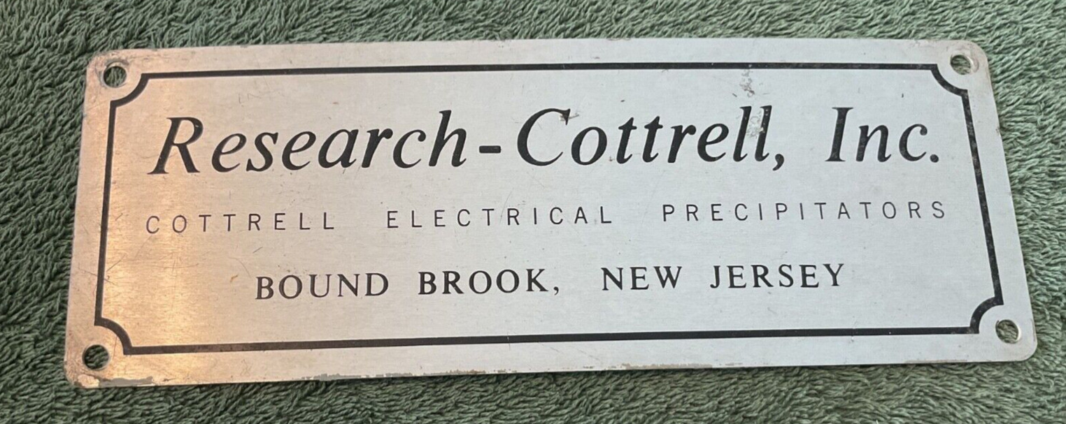 VTG Research Cottrell Electrical Precipitators Bound Brook NJ Metal Plaque Sign
