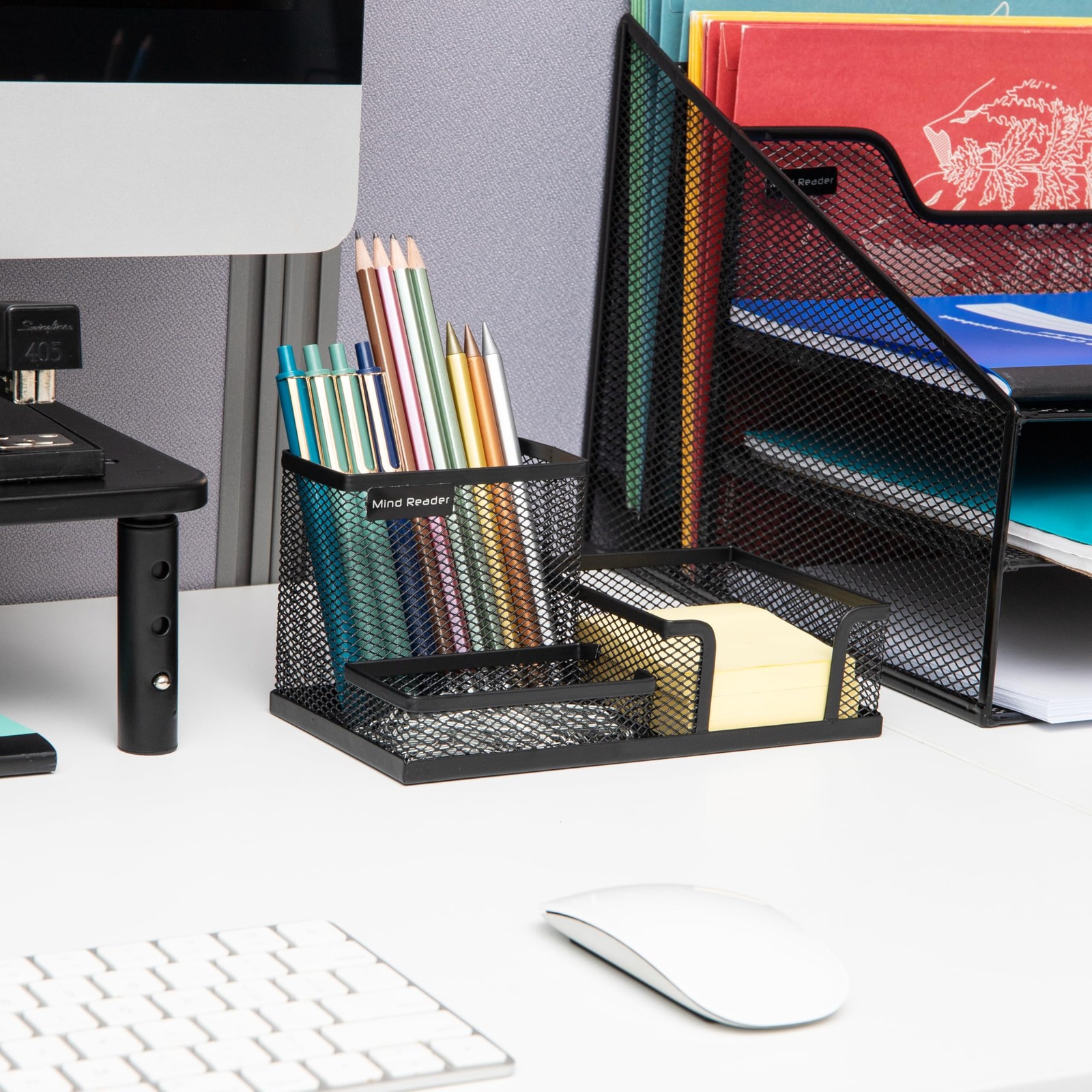 Mind Reader Desktop Organizer, Pen Holder, Clip Basket, 3 Compartments, Black