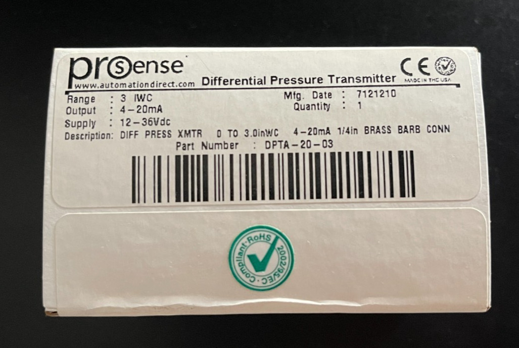 BRAND NEW DPTA-20-03 PROSENSE AIR DIFFERENTIAL PRESSURE TRANSMITTER