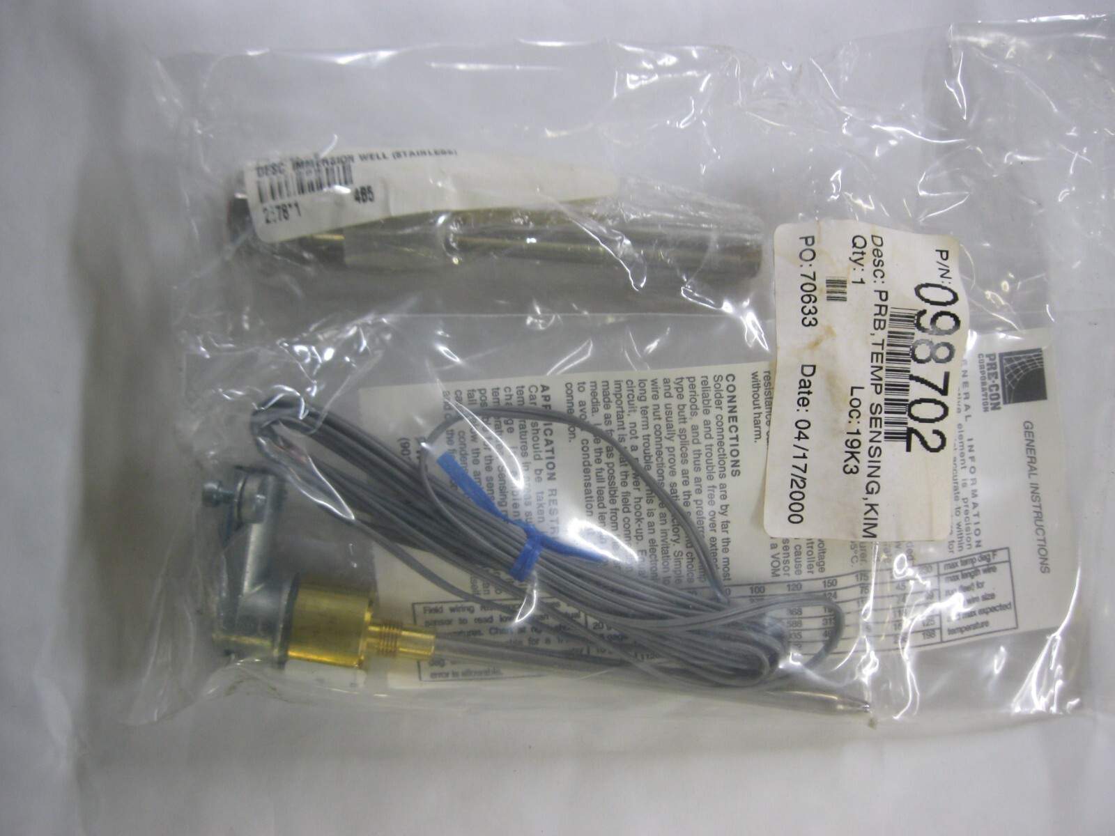 PRE-CON ST-W3E IMMERSION THERMISTOR SENSOR TYPE III 10K OHM, & WEL-S WELL SS